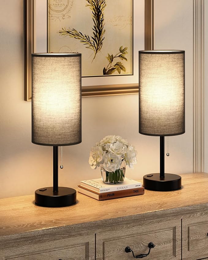 Fenmzee 17.4" Large Black Bedside Lamps Set of 2-3 Color Temperatures Pull Chain Lamp with AC Outlet Charging Port, Two Round Night Stand Lamps for Bedroom Guest Room Office
