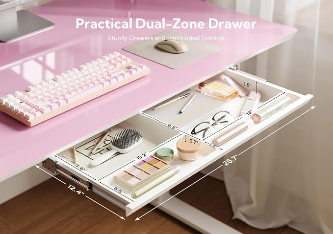 INNOVAR 40×24 Inch Morandi Powder Glass Standing Desk with Drawers | Tempered Glass Top, Ergonomic, Adjustable Height, Stand Up Desk,4 Memory Presets