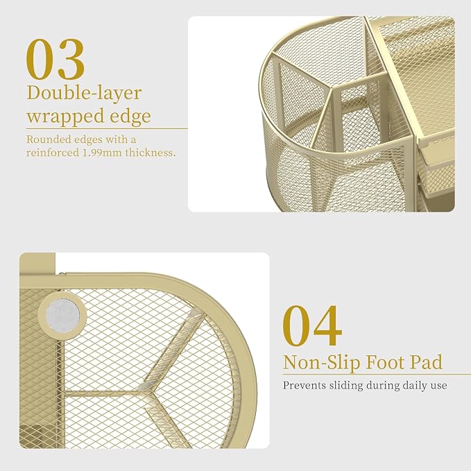 SUPEASY Mesh Desk Organizer, Desk Organizers and Accessories, Pen Holder with Drawers, Pencil Holder for Desk with 2 Drawer for Office Supplies, Golden yellow