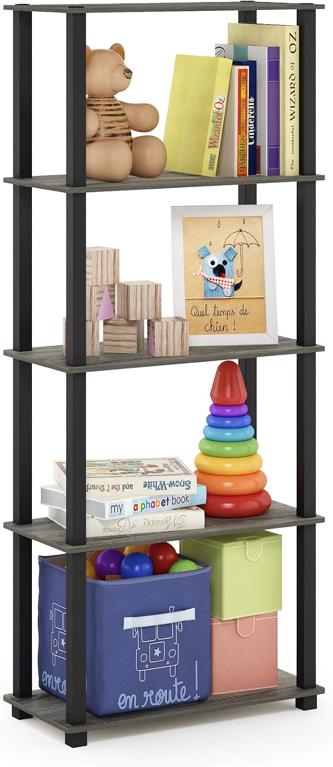 Furinno TURN-S-TUBE Book Shelf, 5-Tier Toolless Storage Shelves with Square Tubes, Shelving Unit for Organization and Storage for Living Room, Home Office, French Oak