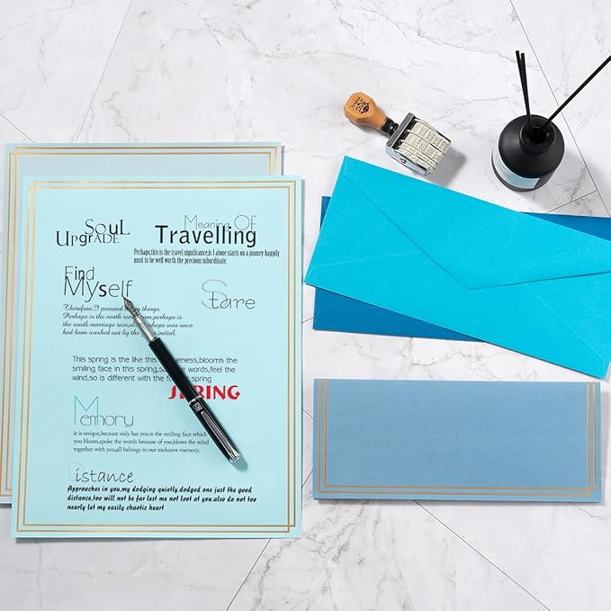 50 Pack Colored Stationery Set, 5 Colors #10 Business Envelopes, 50 Sheets 8.5x11 Paper Sheet and Gold Stickers for Office, Letters, Invitations (Blue)