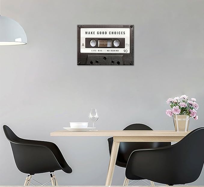 Inspirational Office Canvas Wall Art Picture Vintage Cassett Tape Prints Make Good Choices Life Has No Rewind Inspiring Artwork Motivational Wall Decor for Office Bedroom Living Room 16x24in Framed