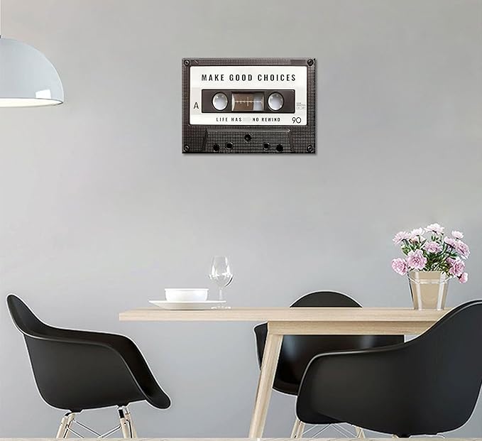 Inspirational Office Canvas Wall Art Picture Vintage Cassett Tape Prints Make Good Choices Life Has No Rewind Inspiring Artwork Motivational Wall Decor for Office Bedroom Living Room 12x16in Framed