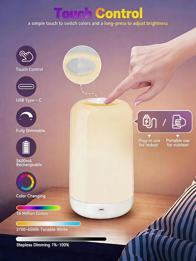 Smart Touch Bedside Table Lamp [Multi-Color & Warm Lights], 3600mA Cordless Small Table Lamp Rechargeable, 7 Colors & Fully Dimmable LED Night Lights for Bedroom Nightstand Nursery Living Room