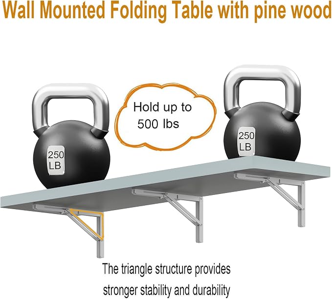 IAE Wall Mounted Folding Table with Pine Wood,60" x 16" Floating Wall Desk,Laundry Folding Table with Shelf Brackets,Fold Down Desk Shelf,Fold Workbench for Apartments,Home,Laundry Room,Kitchen,White