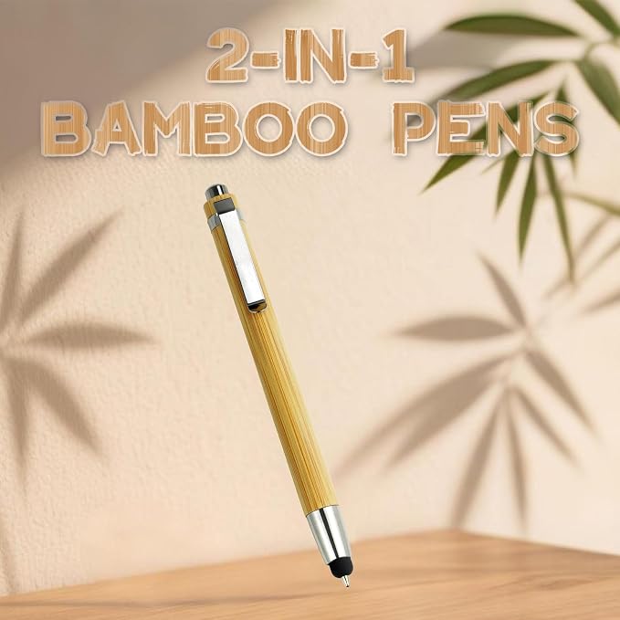 YUNCHUN 100PCS Bamboo Pens Bulk, Wooden Pens with 2-in-1 Stylus Tip, Pen Set for Employee Appreciation Gifts, Click Ballpoint Pen for Writing, Medium Point and Black Ink
