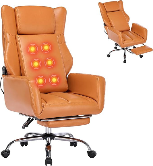 DYHOME Orange Leather Office Chair with Massage and Footrest, Heavy Duty Task Desk Chairs,Swivel Ergonomic Computer Gaming Chairs with Lumbar Support, Wheels Flip-up Arms Adjustable Height