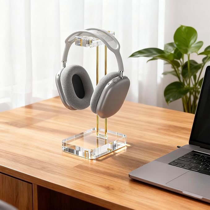 Headphone Stand Headset Holder for Desk, Solid Christal-Clear Acrylic with Gold Hardware Earphone Hanger for Gaming Room Office Accessories