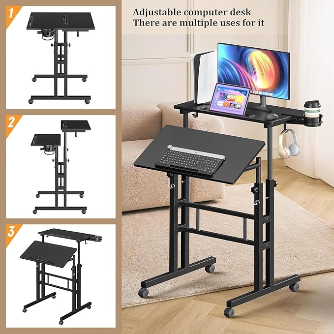 Simple Deluxe Split Top Rotating Standing Desk on Wheels – 23.6" Manual Adjustable Height Mobile Laptop Computer Table – Sit Stand Rolling Workstation with Tilt Function– Black
