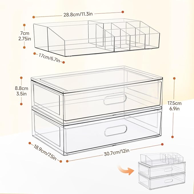 Clear Stackable Makeup Organizer with Drawer, 12''W Acrylic Storage Drawers | Cosmetic Display Case for Vanity Bathroom Countertop Drawers, Beauty Holder for Lipstick Brush Skincare Perfume