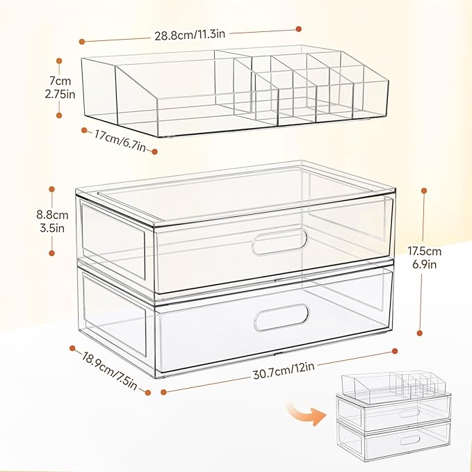 Clear Stackable Makeup Organizer with Drawer, 12''W Acrylic Storage Drawers | Cosmetic Display Case for Vanity Bathroom Countertop Drawers, Beauty Holder for Lipstick Brush Skincare Perfume