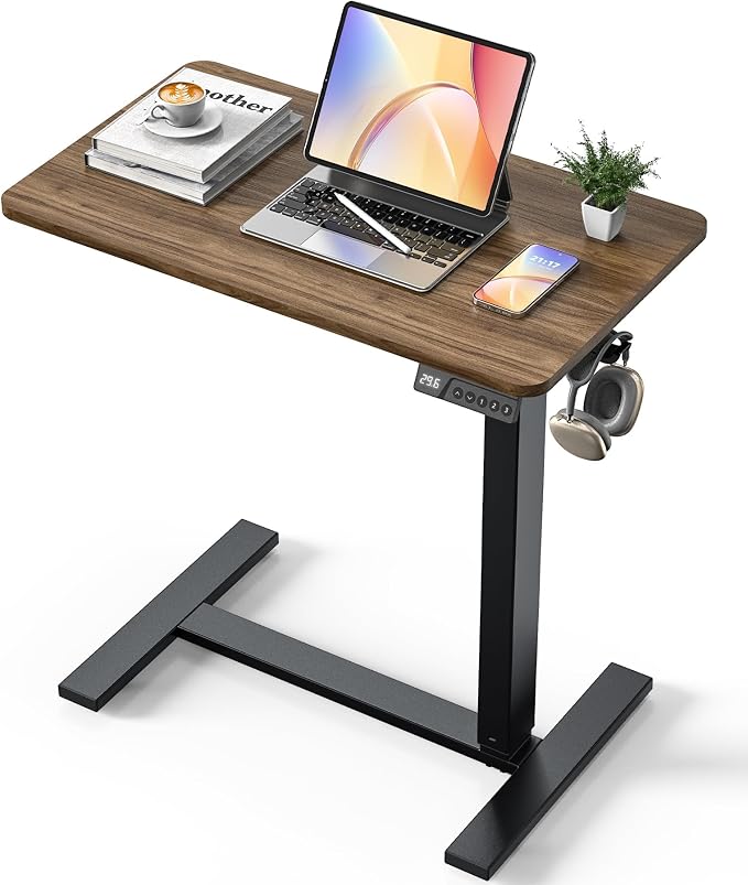 28"x 16" Electric Overbed Table, Rolling Laptop Desk for Bed, Walnut | Height Adjustable Bedside Desk with Hidden Wheels, Mobile Standing Desk for Sofa, Home Office & Hospital Use