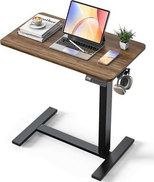 28"x 16" Electric Overbed Table, Rolling Laptop Desk for Bed, Walnut | Height Adjustable Bedside Desk with Hidden Wheels, Mobile Standing Desk for Sofa, Home Office & Hospital Use