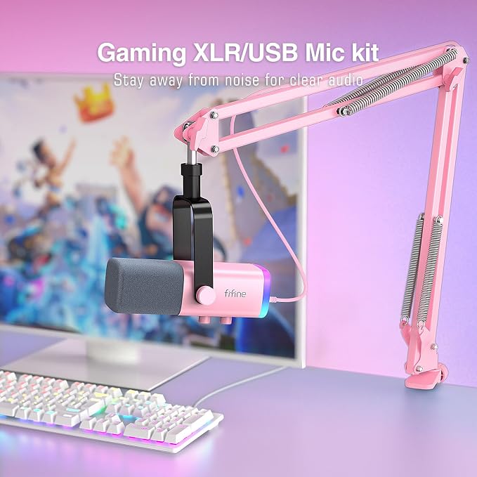 FIFINE XLR Gaming Microphone USB, PC Dynamic Microphone Kit for Vocal, Recording, Podcast, Streaming RGB Mic with Headphone Jack, Mute Button, Boom Arm Stand for Computer/Mixer-AmpliGame AM8T Pink
