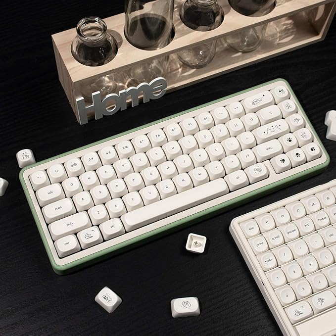 MOA Profile Cute Cat Keycaps, 124keys PBT Keycaps Set, Minimalist White Keyboard Caps, Custom Dye Sublimation Key Caps for 61/64/68/84/87/100/104/108 Cherry MX Mechanical Keyboards(124 Keys)