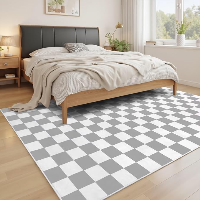 Terrug Grey and White Checkered Rug for Living Room,5x7 Area Rugs Washable with Non Slip for Bedroom,Soft Low Pile Stain Resistance Retro Carpet for Dorm Kids Room