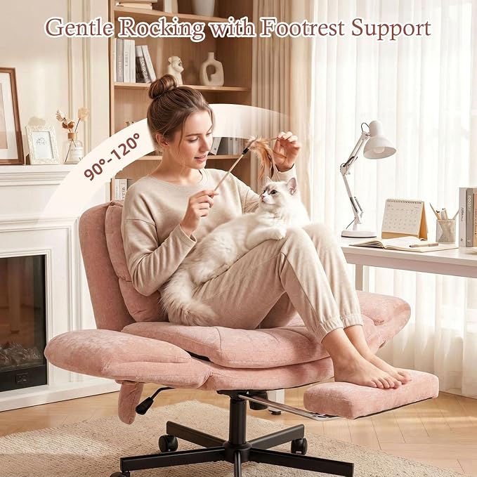 Criss Cross Office Chair with Footrest and 5-Gear Adjustable Arms, Pink | Wide seat cross-legged desk chair, flip lumbar pillow, airbag support, linen fabric, for home office, vanity and meditation