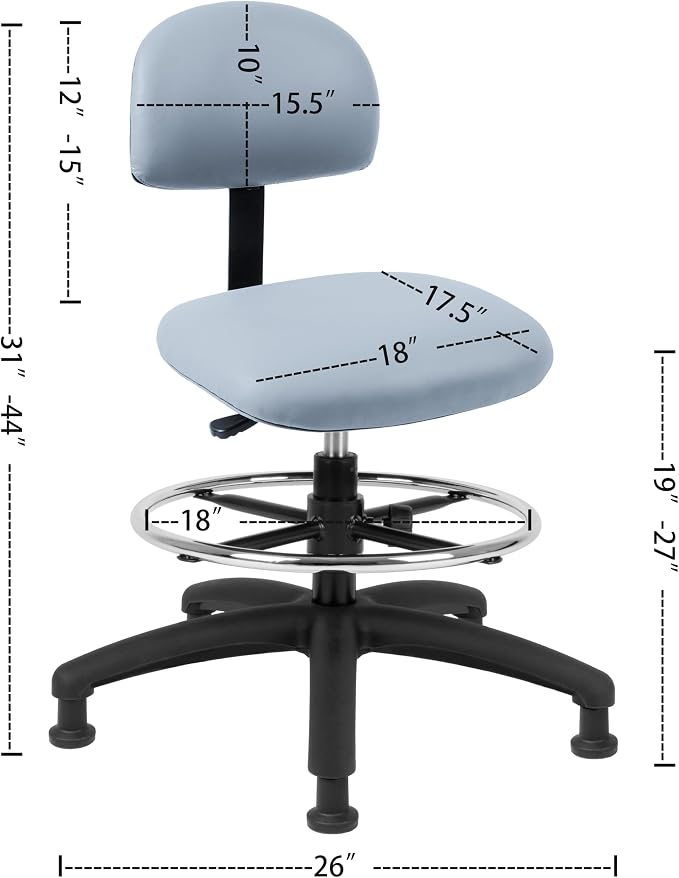 FSS Series Square seat Mid (19"-27") seat Height Chair. Vinyl-for Office, Garage, Desk, Shop, Computer, Doctor, Medical, Easy to Clean! 18" Footring (Gray, Mid Stool, Glides)