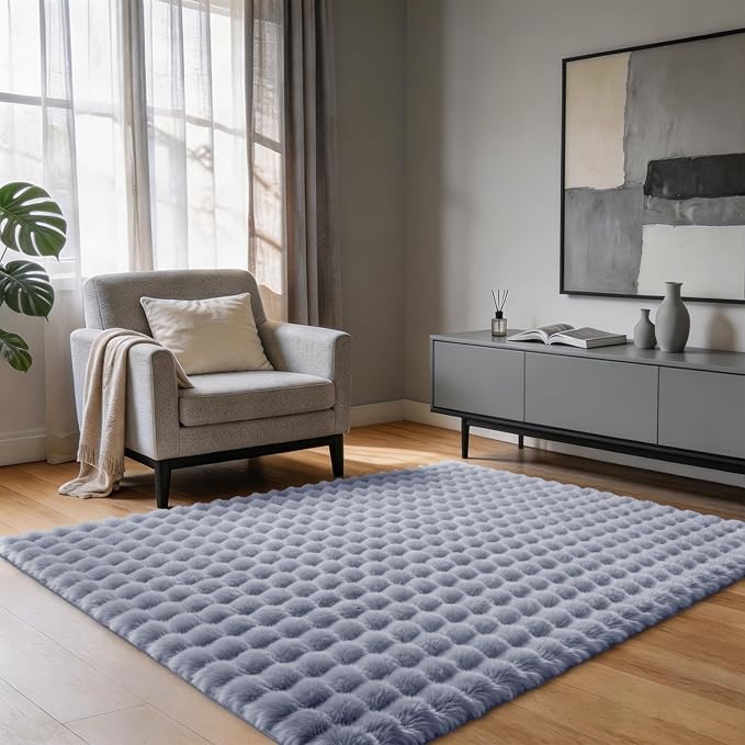 Gray Rabbit Plush Rug 3'x5', Fluffy Shaggy Area Rug for Nursery & Kids Room, Faux Fur Carpet for Girls Bedroom, Living Room, Teen Decor