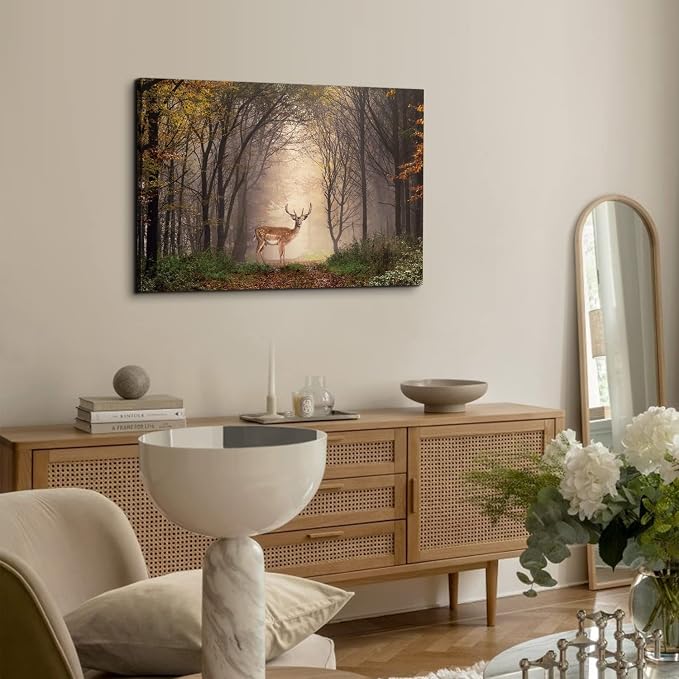 Wild Animal Landscape Canvas Wall Art Deer in Autumn Foggy Forest Picture Wall Decor Elk Wildlife Scenery Photo Prints Painting Decoration for Modern Living Room Bedroom Bathroom Home Art 24x36 Inch