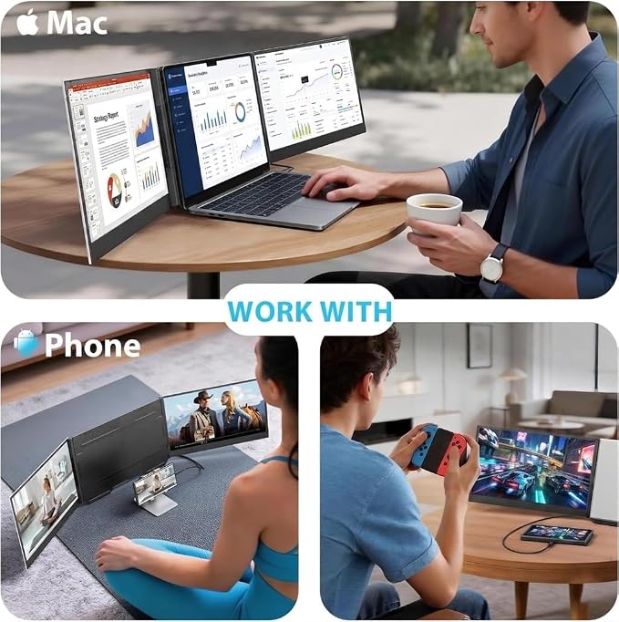 APILDELLA 15.6'' Triple Laptop Screen Extender One Cable Connection, 1080P FHD Laptop Extended Monitor Portable with Speaker, Ultra-Slim Travel Monitor for 13-17.3" Laptops, Work with Mac, Window
