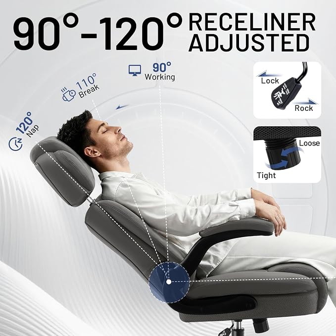 AreShark Ergonomic Office Chair with Lumbar Support, 400lbs Heavy Duty Big and Tall Executive Desk Chair, PU Leather High Back Computer Chair with Flip-Up Arms & Adjustable Headrest, Gray