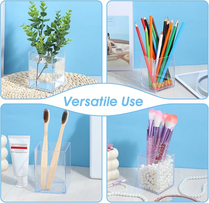 24 Pack Clear Acrylic Pen Holders – Multipurpose Desktop Organizer for Pencils, Makeup Brushes, Stationery & Office Supplies (2.6” x 2.6” x 3.6”)