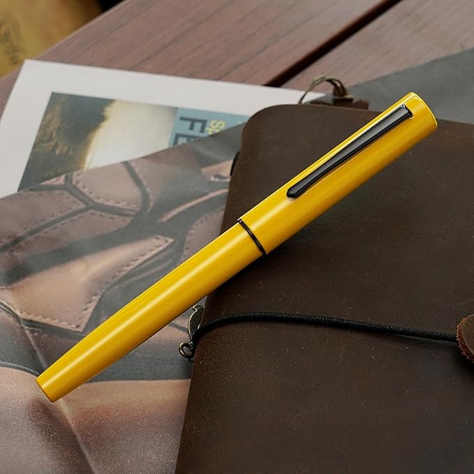 HONG DIAN C1 Fountain Pen Extra Fine Nib, Lemon Yellow & Classic Retro Design Metal Pen with Ink Converter