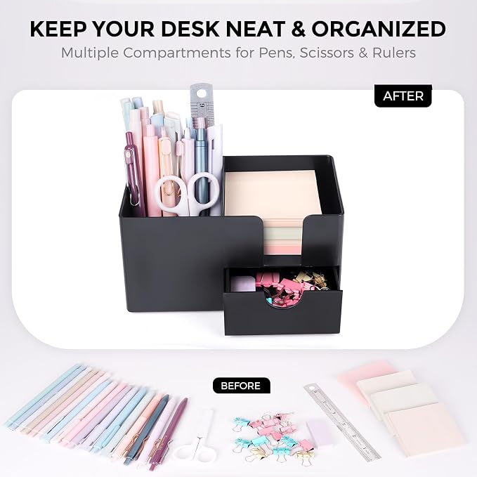 SKYDUE Small Desk Organizer with Drawer | 3 Compartments, Desk Pen Holder, For Home, School, Office & College Dorm Room