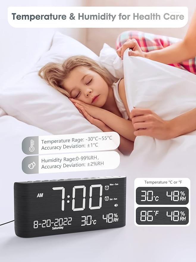 Raynic Alarm Clock, 8.7 Inch Digital Clock, Alarm Clock with USB and Type-C Charger,Dual Alarms,Temperature, Humidity,Date, 5 Adjustable Volume and 5 Dimmer for Bedroom Living Room Office (Grey) | USB-C and USB Charging Ports, Date, Indoor Temperature ...