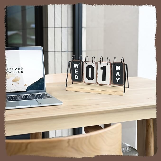 Metal Flip Calendar with Wooden Base, Daily Perpetual Desk Calendar with Large Display, Modern Farmhouse Desktop Calendar for Home Office Decor, Reusable and Foldable