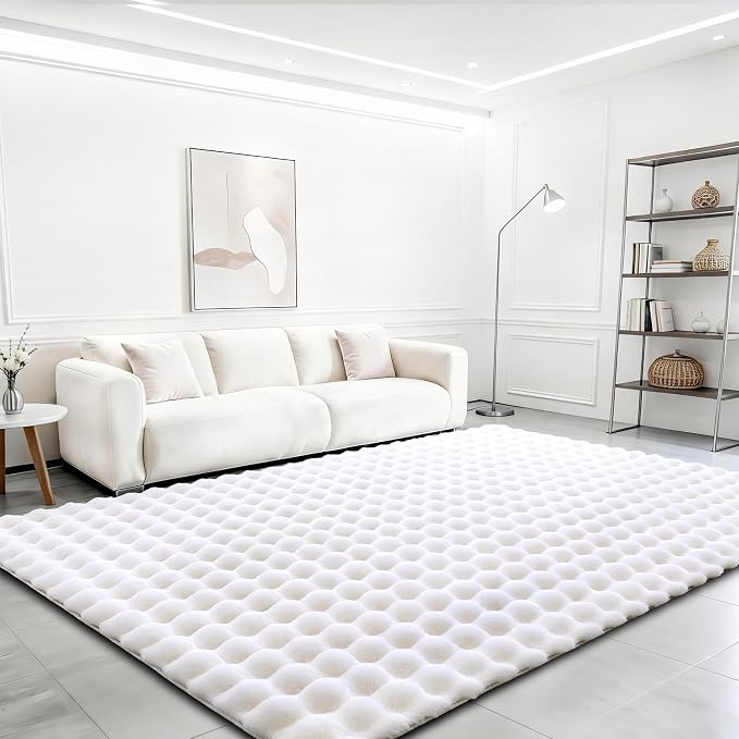White Rabbit Plush Rug 5'x8', Fluffy Faux Fur Shaggy Area Rug for Nursery, Kids Room Decor, Soft Fuzzy Carpet for Living Room, Bedroom, Teen Girls Room