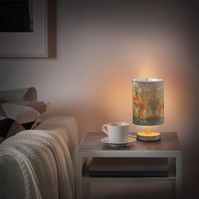 Table Lamp Fox in Forest Nightstand Lamp with Wood Base Fabric Lamp Shade Bedside Desk Lamp for Living Room Bedroom Kids Room Office
