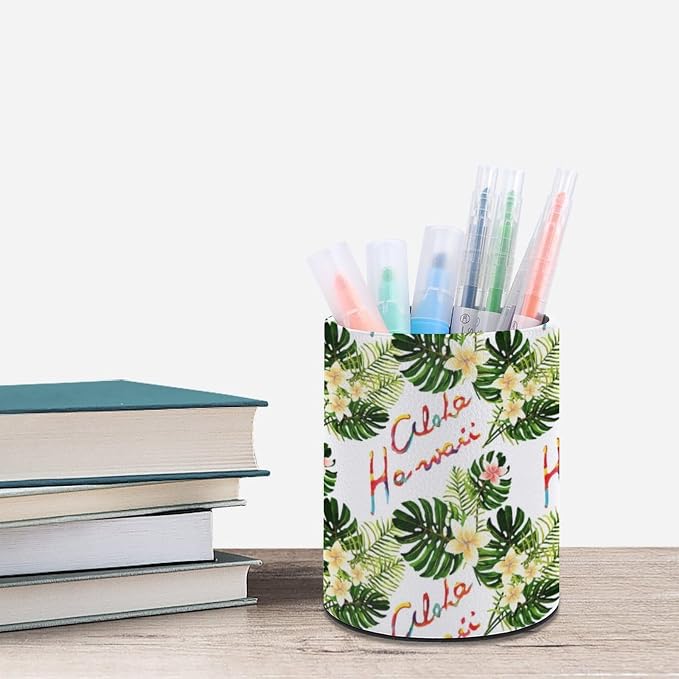 Palm Leaves Pen Holder for Desk PU Pencil Cup Organizer | Round Desks Makeup Brush Holder for School Multifunctional Office Supplies