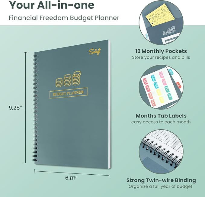 Monthly Budget Planner Book (Undated) with 12 Pockets for Income, Debt, Saving, Expense and Bill Tracker Organizer, Financial Planner for Men and Women, Dark Green, Spiral Design
