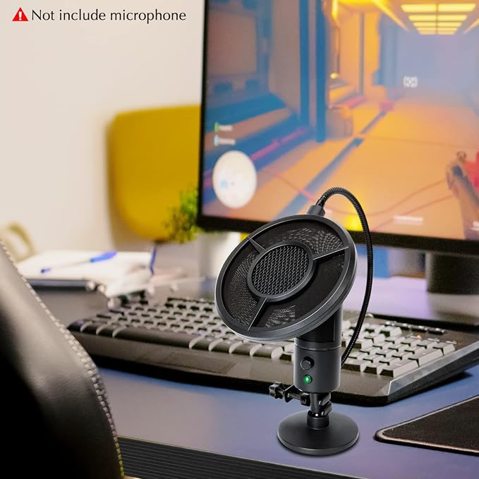 SUNMON Mic Pop Filter for HyperX QuadCast、Blue Yeti and Other Gaming Microphone, Dual Layered Wind Pop Screen with Flexible 360° Gooseneck Clip Stabilizing Arm for Recording, Singing