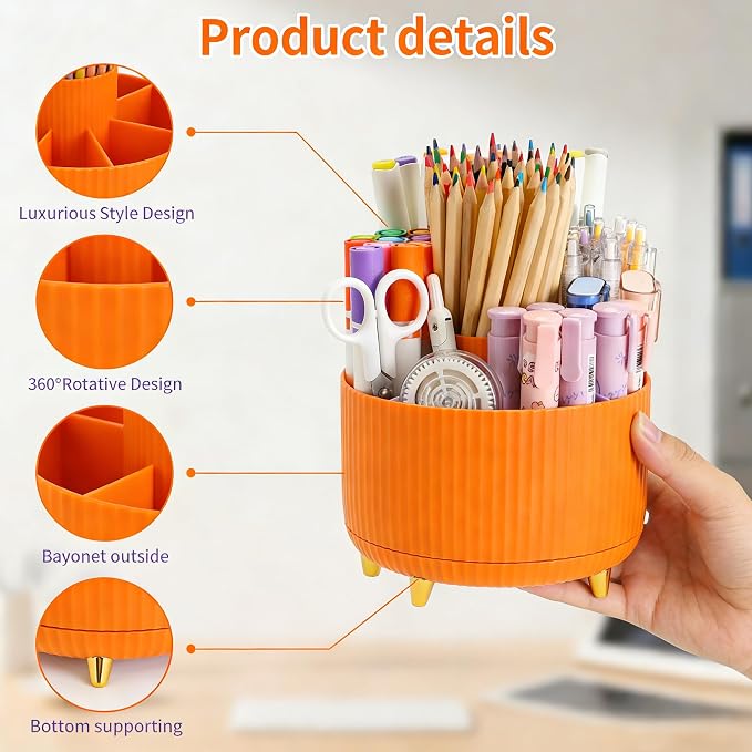 Camelmother 360°Rotating Pen&Pencil Holder For Desk With 5Slots Cute Office | Spacious Beautiful & Durable For Teachers Students Workers Easy Storage for Pens Stationery