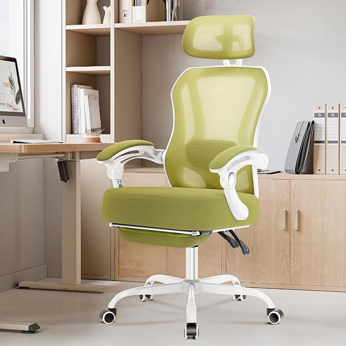 Ergonomic Office Chair with Footrest,Ultra Thick Desk Chair,Green | 150°Reclining,Mesh High Back,Adjustable 2D Lumbar Support and Headrest,4.8" Spring Cushion,Premium Computer Chair for Adults