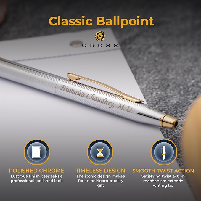 Cross Classic Century Medalist Engraved Ballpoint Pen, Chrome with 23K Gold Trim, Slim Twist-Action, Personalized Gift for Graduation, New Job, Retirement, Career Advancement, Gift Box Included
