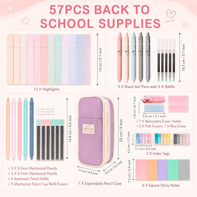 Aesthetic School Supplies with Pencil Pouch - 57 Pcs Cute College Essentials Set, Big Capacity Pen Case, Eraser Holder, Pastel Highlighters, Bible Study Journaling Stationary Kit for Girls Teens