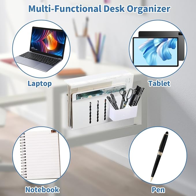 Desk Side Storage Organizer, Under Desk Laptop Holder with Magnetic Pen Holder, No Drill Hanging Desks Caddy for Office & Home, Clamp On Desk Shelf for Tablet, Files, Accessories (White)