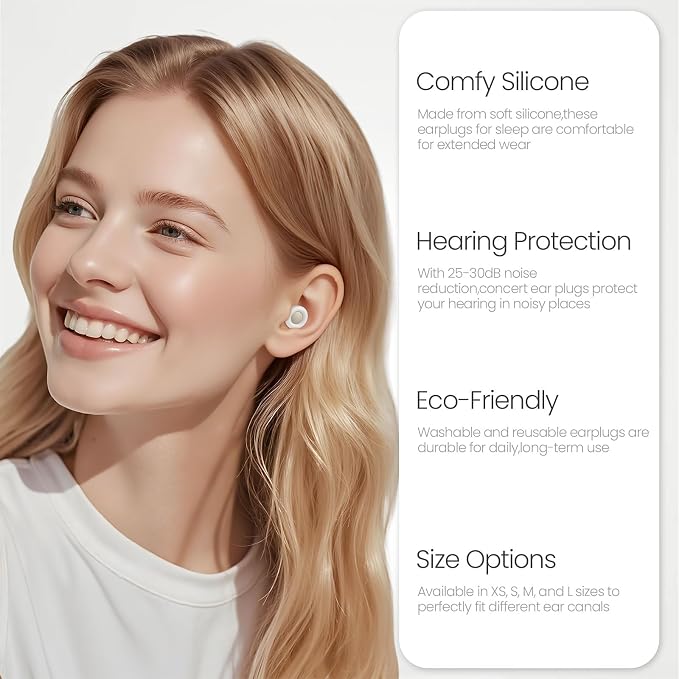 JUSTRVN Ear plugs for sleeping,2 pairs of Noise Reduction Earplug for Concert&Study, Hearing Protection Earplugs 25dB-30dB with 4-Size tips,Reusable Silicone Earplugs for Comfort,Focus and Loud Events