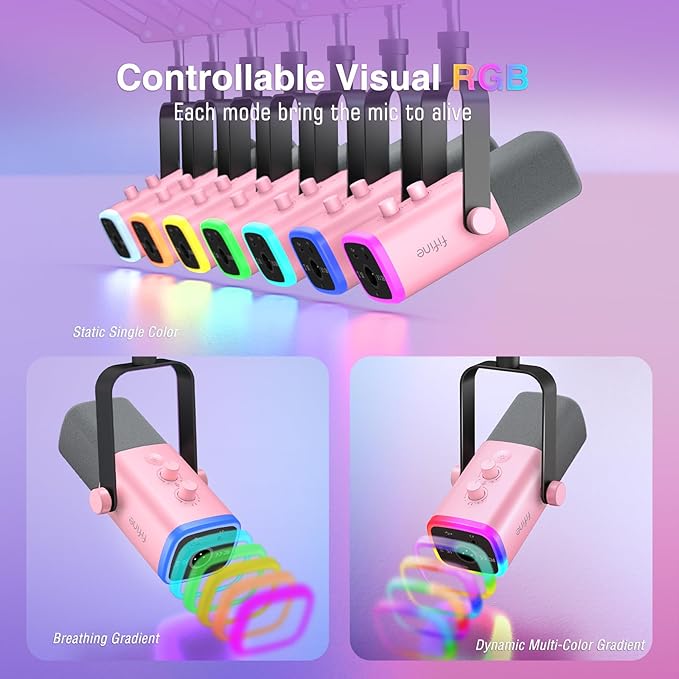 FIFINE XLR Gaming Microphone USB, PC Dynamic Microphone Kit for Vocal, Recording, Podcast, Streaming RGB Mic with Headphone Jack, Mute Button, Boom Arm Stand for Computer/Mixer-AmpliGame AM8T Pink