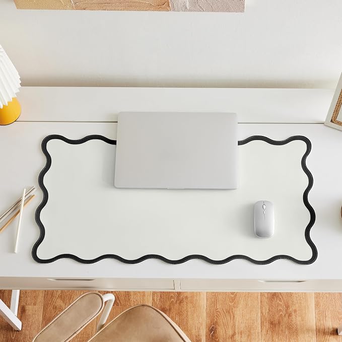 Scalloped Desk Mat, 31.5" x 15.7", PU Leather, Waterproof Anti-Slip, Cute Aesthetic Desk Pad for Office/Home/Game/Vanity (Black, 31.5" x 15.7")