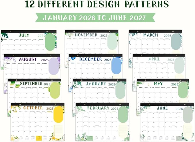 Desk Calendar 2026, 18 Months Calendar Runs from January 2026 to June 2027 Large 17 x 12 inch Desktop or Wall Monthly Calendar Planner for Home School or Office, Green