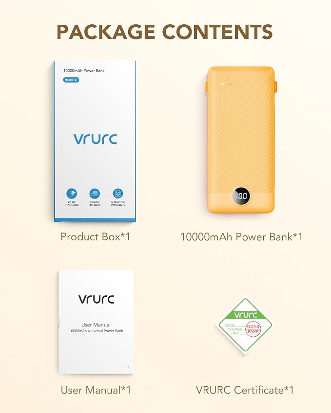 Portable Charger Built-in Cables and AC Wall Plug,VRURC Power Bank 10000mAh | Travel Battery Phone Charger Compact Lightweight External Battery Pack for Smart Phones, Tablets - Orange