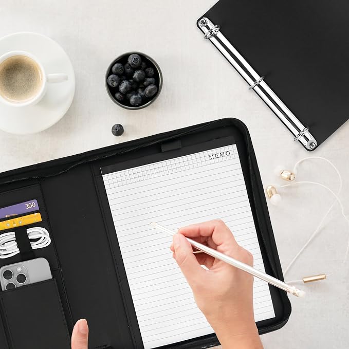 GraduatePro 3 Ring Portfolio Binder with Handles - 1.2 Inch Rings, Faux Leather Padfolio with Zippered, Storage Pouch for Tablet, Mobile Phone Pocket, Travel Documents for Men and Women(Black)