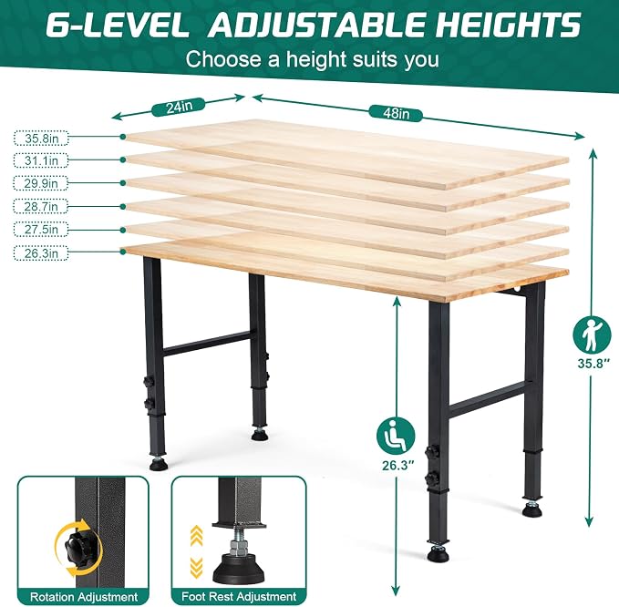 OLBRUS 48 "Adjustable Workbench, Heavy Duty 2000 LBS Load Capacity Hardwood Workbench Suitable for Workshop, Office, Garage, Home (Rubber Pad丨No Power Outlets 48"x24")