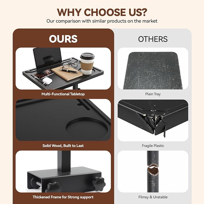 Bedside Shelf Rotating Foldable Tray:Height-Adjustable Clip On Bed Side Tray Table, Tray Table with Sturdy Metal Pole,Fits Bed Frames 0.7"-2.7" Wide for Dorms, Apartments, Bedrooms,Dorm Essentials