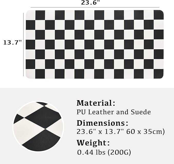 Checkered Desk Mat, Large Cute Aesthetic Retro PU Leather Computer Laptop Desk Mat, Non-Slip Waterproof Mouse Keyboard Pad, Desk Writing Mat for Work/Home (Black, 23.6" x 13.7")